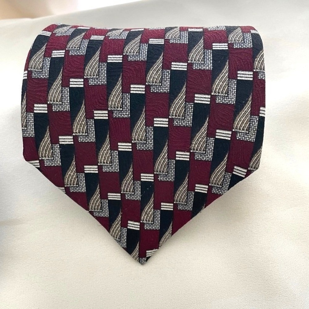 Pierre Cardin Mens Silk Tie Burgundy Geometric Striped Designer Neckties (2pc) - Picture 6 of 7
